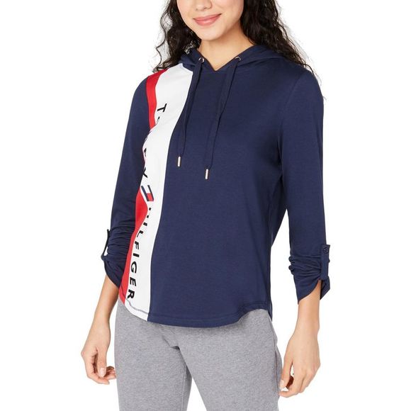 Tommy Hilfiger Sport Womens Navy Sweatshirt Fitness Hoodie Athletic NWT